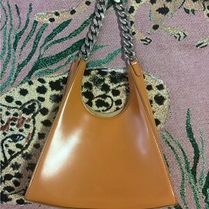 STAUD Rey bag Tan Leather Shoulder Bag with Chain Strap